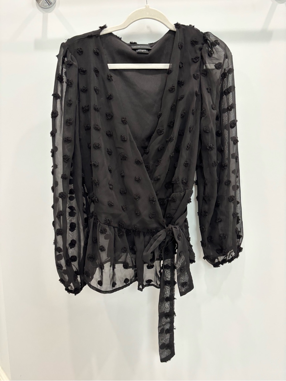 Black Sheer Wrap Blouse with Textured Dot Detail